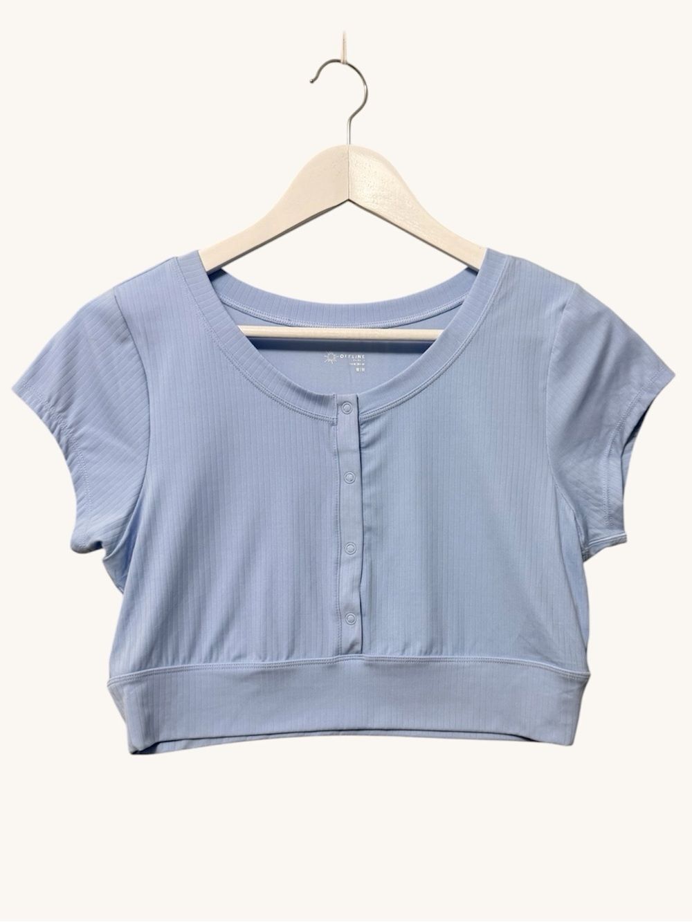 Aerie Offline Light Blue Ribbed Cropped Snap Up Tee NWT Size Medium Short Sleeve